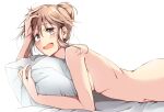  1girl :o ass bed_sheet blush breasts completely_nude floating_hair from_side hair_bun hand_in_hair highres idolmaster idolmaster_million_live! looking_at_viewer looking_to_the_side lying nude on_stomach pillow pillow_hug sideboob simple_background solo tenkuubashi_tomoka totsukatsuka_(soratobasi) white_background 