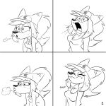  1:1 2020 anthro baseball_cap bodily_fluids breasts breath canid canine canis cleavage clothed clothing comic female ginger_(hotbrotkuroi) hat headgear headwear hotbrotcafe kuroi_wolf line_art mammal monochrome nervous solo sweat wolf 