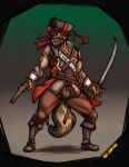  2021 anthro assertive black_nose boots brown_body brown_eyes brown_fur bulge canid canine clothing digital_media_(artwork) footwear fur gun hat headgear headwear hi_res long_tail male mammal open_mouth pirate pircing pose ranged_weapon smile solo spade teeth weapon yourfavoritelemonade 