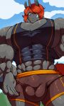  2018 anthro balls big_balls big_bulge big_muscles big_pecs big_penis bobert bottomwear bulge clothing cloud day equid equine genitals grey_body grin hair hi_res horn huge_balls huge_bulge huge_muscles huge_pecs huge_penis hyper hyper_muscles looking_at_viewer male mammal muscular muscular_anthro muscular_male pecs penis reaching red_hair shorts sky smile solo sweatshirt unicorn 