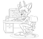  2020 4_toes anthro antlers basil_(hotbrotkuroi) black_and_white caught cervid computer desk feet foot_fetish furniture genitals hooves horn hotbrotcafe humanoid_feet kuroi_wolf looking_at_porn looking_at_viewer male mammal monochrome penis solo swivel_chair toes 