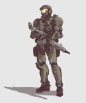  1boy english_commentary grey_background gun halo_(game) head_tilt helmet holding holding_gun holding_weapon looking_up m739_saw power_armor ruben_menzel science_fiction shadow solo spartan_(halo) weapon 