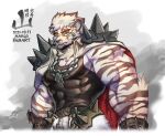  anthro arknights belt biceps blue_eyes clothing digital_media_(artwork) felid fur hair hi_res hypergryph male mammal mountain_(arknights) muscular muscular_anthro muscular_male pantherine scar simple_background solo striped_body striped_fur stripes studio_montagne tiger video_games white_body white_fur wolfmalro 