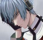  1boy angry black_gloves blue_hair close-up coat commentary general_(module) glaring gloves hand_in_hair headphones kaito male_focus nokuhashi parted_lips portrait project_diva_(series) red_eyes unhappy_refrain_(vocaloid) vocaloid white_coat 