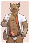  2021 abs aggressive_retsuko anthro border clothed clothing drunk erection genitals haida hi_res humanoid_genitalia humanoid_penis hyaenid jockstrap jrjresq looking_at_viewer male mammal muscular muscular_anthro muscular_male narrowed_eyes navel necktie open_clothing open_mouth open_shirt open_smile open_topwear pecs penis pink_background sanrio shirt simple_background smile solo standing substance_intoxication topwear underwear white_border 