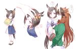  2girls ? age_difference age_regression air_groove_(umamusume) animal_ears bespectacled black_footwear black_hair blue_dress blush bouquet bow brown_hair carrying child dress ear_bow flower from_side glasses green_shirt hand_on_another&#039;s_head heart horse_ears horse_tail long_hair multicolored_hair multiple_girls multiple_views oversized_clothes petting profile purple_eyes romi_(346_ura) school_uniform shirt shoes short_hair simple_background socks spoken_heart spoken_question_mark streaked_hair sweatdrop symboli_rudolf_(umamusume) tail tracen_school_uniform umamusume white_background yellow_bow younger 