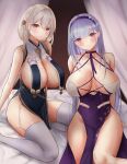  2girls azur_lane blush braid breasts china_dress chinese_clothes choker cleavage curtains dido_(anxious_bisque_doll)_(azur_lane) dido_(azur_lane) dress dress_straps flower frilled_choker frills garter_straps grey_dress hair_between_eyes hair_flower hair_ornament hairband halter_dress halterneck highres kdkaikai large_breasts long_dress multiple_girls neckwear_between_breasts official_alternate_costume on_bed pelvic_curtain purple_dress purple_hairband purple_headband red_eyes revealing_clothes see-through_sleeves sheer_clothes short_hair side_braid sirius_(azur_lane) sirius_(azure_horizons)_(azur_lane) smile take_your_pick thighhighs two-tone_leotard white_hair 