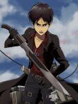  1boy absurdres belt black_gloves black_hair black_jacket black_pants cloud eren_yeager furrowed_eyebrows gloves green_eyes hair_strand highres holding holding_sword holding_weapon jacket looking_at_viewer micaoz official_style open_mouth pants red_shirt shingeki_no_kyojin shirt shouting sky solo sword thigh_strap three-dimensional_maneuver_gear trench_coat weapon 