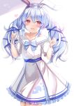  1girl :d animal_ears bangs blue_hair blue_ribbon blush bunny-shaped_pupils bunny_ears collarbone commentary_request cowboy_shot dress eyebrows_visible_through_hair frilled_dress frills hair_ribbon hands_up highres holding holding_hair hololive long_hair looking_at_viewer multicolored_hair open_mouth puffy_short_sleeves puffy_sleeves rabbit_girl red_eyes ribbon short_eyebrows short_sleeves sidelocks smile solo standing streaked_hair thick_eyebrows twintails two-tone_hair usada_pekora virtual_youtuber white_dress white_hair wristband yuano 