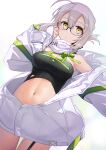  1girl ahoge armpits artoria_pendragon_(all) bangs bare_shoulders black-framed_eyewear blonde_hair blush breasts cleavage commentary_request cowboy_shot crop_top dutch_angle fate/grand_order fate_(series) garter_straps glasses gradient gradient_background green_ribbon hand_up highres jacket long_sleeves looking_at_viewer medium_breasts mysterious_idol_x_(alter)_(fate) navel nonderi off_shoulder open_clothes open_jacket parted_lips ribbon short_hair silver_hair solo stomach thigh_gap white_jacket 
