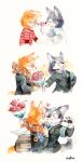  &lt;3 animalk anthro bodily_fluids book bouquet canid canine canis clothing clothing_pull comic crying duo eyewear flower fox glasses hi_res kissing male male/male mammal necktie necktie_pull painting_(artwork) plant rose_(flower) scarf tears teenager traditional_media_(artwork) watercolor_(artwork) wolf young 