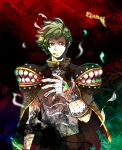 1boy :p armor aura bangs belt bio_lab breastplate brown_belt brown_cape cape character_name commentary_request creator_(ragnarok_online) dated flamel_emure gloves green_hair living_clothes looking_to_the_side male_focus multicolored multicolored_background pouch ragnarok_online red_eyes reload9_yohji shaded_face short_hair signature solo teeth tongue tongue_out upper_body white_gloves 