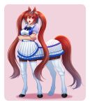  1girl ;o absurdres animal_ears bangs blush bow breasts brown_hair centaur collarbone commentary crossed_arms daiwa_scarlet_(umamusume) ear_bow eyebrows_visible_through_hair fang full_body hair_between_eyes hair_intakes highres horse_ears horse_tail large_breasts long_hair looking_at_viewer monsterification nail_polish oldlim one_eye_closed open_mouth pink_background pink_nails pleated_skirt puffy_short_sleeves puffy_sleeves purple_shirt red_eyes sailor_collar school_uniform shadow shirt short_sleeves sidelocks simple_background skindentation skirt solo standing tail taur thighhighs tiara tracen_school_uniform twintails umamusume very_long_hair white_background white_skirt 
