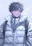  1boy backpack bag breath coat grey_eyes grey_hair grey_sweater_vest hand_in_pocket highres looking_to_the_side necktie original shirt short_hair simple_background smile snow snow_on_head solo spiked_hair unye_00 unzipped white_shirt winter_clothes winter_coat 