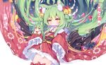  1girl ahoge akashi_(azur_lane) animal_ear_fluff animal_ears azur_lane bell blush cat_ears coin commentary_request drum_(container) eyebrows_visible_through_hair gear_print green_hair hair_bell hair_ornament japanese_clothes jingle_bell kimono long_hair long_sleeves looking_at_viewer mouth_hold simple_background sleeves_past_fingers sleeves_past_wrists sudango thighhighs twitter_username very_long_hair white_background wide_sleeves wrench yellow_eyes yukata 
