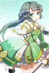  1girl alternate_color archbishop_(ragnarok_online) bangs bloomers blue_background blush bow brown_hair cleavage_cutout clothing_cutout commentary_request dated dress frilled_sleeves frills full_body gradient gradient_background green_dress green_eyes holding holding_clothes holding_dress juliet_sleeves long_hair long_sleeves looking_at_viewer official_alternate_costume open_mouth pointy_ears puffy_sleeves ragnarok_online reload9_yohji signature solo twintails underwear watermark web_address white_background white_dress yellow_bow 