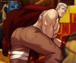  2boys ass ass_focus bandaid bandaid_on_cheek bara bare_pectorals brown_pants cape character_request feet_out_of_frame jimsdaydreams large_pectorals leaning_forward looking_at_viewer male_focus monster_boy multiple_boys muscular muscular_male navel nipples pants pectorals persona red_cape sanada_akihiko shirt_around_neck short_hair sideburns solo_focus thick_thighs thighs white_hair 