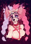  2021 ailuranthropy braided_hair canid canine canis collar digital_media_(artwork) domestic_dog eyebrows eyelashes featureless_crotch hair heterochromia mammal open_mouth papillon pink_hair smile teeth tongue toy_dog 