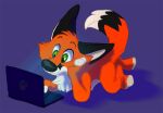  ambiguous_gender anthro canid canine computer fox laptop lying mammal on_front pure-ruby-dragon solo 