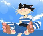  3_toes abstract_background anthro bandanna barefoot black_bandanna black_body black_clothing black_fur black_kerchief blue_background blue_clothing blush bottomwear brown_body brown_fur bulge clothing cute_fangs cutoffs denim denim_clothing envy_the_meowth_(envy_the_meowth) feet foot_fetish foot_focus fur grey_eyes kerchief leggings legwear looking_at_viewer male meowth nintendo pattern_clothing pattern_leggings pattern_legwear pattern_shirt pattern_topwear pawpads pink_body pink_inner_ear pink_pawpads pink_skin pok&eacute;mon pok&eacute;mon_(species) seniorseasalt shirt shorts simple_background sitting smile smirk solo striped_clothing striped_leggings striped_legwear striped_shirt striped_topwear stripes t-shirt tan_body tan_fur toes topwear video_games whiskers white_clothing 