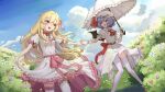  2girls aoaoaoao_(baiyanheibing) blonde_hair blue_sky bush cloud commentary_request day dress dress_lift flower frilled_umbrella hair_between_eyes hat hat_ribbon highres long_hair looking_at_another mob_cap multiple_girls original purple_hair red_eyes red_footwear red_neckwear remilia_scarlet ribbon short_hair short_sleeves sky smile thighhighs touhou umbrella vampire white_dress 