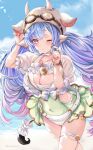  1girl animal_ears blue_hair blue_sky blush bracelet breasts cleavage commentary_request covered_navel cow_ears cow_hat cow_tail cowboy_shot draph eyebrows_visible_through_hair goggles goggles_on_head gradient_hair granblue_fantasy highres hinahino horns jewelry large_breasts long_hair multicolored_hair nail_polish one_eye_closed parted_lips purple_eyes purple_hair red_nails shatola_(granblue_fantasy) sky solo swimsuit tail thigh_strap twintails twitter_username 