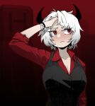  1girl arm_at_side arm_up black_horns black_vest blush bracelet breasts cleavage closed_mouth collared_shirt demon_girl demon_horns english_commentary eyebrows_visible_through_hair formal hand_on_forehead hand_on_own_head helltaker highres holding horns jewelry korean_commentary large_breasts looking_to_the_side malina_(helltaker) medium_hair pinkboy red_eyes red_shirt shirt short_hair sleeves_rolled_up solo standing suit symbol_commentary tail vest waistcoat white_hair 