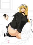  ahoge black_legwear black_thighhighs blonde_hair blush bridal_gauntlets censored couch dress feet footjob frills hime_(kaibutsu_oujo) kaibutsu_oujo lilianne long_hair mura_(mapisha) open_mouth penis pov pussy red_eyes sitting thighhighs tiara translation_request 