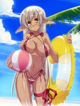  ball beach beachball breasts covered_nipples dark_elf dark_skin day duplicate elf huge_breasts innertube original pointy_ears shimakaze slingshot_swimsuit solo swimsuit 