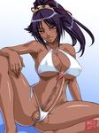  bikini black_hair bleach breasts cleavage covered_nipples dark_skin futanari huge_penis kagami_hirotaka large_breasts penis ponytail precum shihouin_yoruichi side-tie_bikini solo swimsuit testicles third-party_edit yellow_eyes 