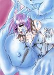  absorption blue_skin breasts giant goo_girl minigirl monster_girl purple_hair slime torn_clothes vore yuri 