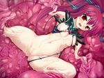  1girl breasts censored cum guro navel nipples open_mouth pussy red_eyes red_hair tentacle 