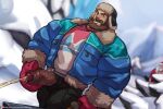  1boy bara beard belt blue_jacket brown_hair erection facial_hair foreskin gloves hat jacket jimsdaydreams league_of_legends looking_at_viewer malcolm_graves male_focus mature_male muscular muscular_male mustache open_clothes open_jacket open_pants pants peeing penis red_gloves short_hair snow solo uncensored veins veiny_penis winter_clothes 
