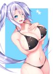  1girl alternate_breast_size arm_under_breasts azur_lane bikini black_bikini blue_background blue_eyes breasts cleavage eyebrows_visible_through_hair fang hand_on_own_chest highres large_breasts long_hair looking_at_viewer monotosu portland_(azur_lane) purple_hair side_ponytail skin_fang solo string_bikini swimsuit swimwear two-tone_background very_long_hair wet white_background 