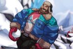  1boy bara beard belt blue_jacket brown_hair bulge facial_hair gloves hat jacket jimsdaydreams league_of_legends looking_at_viewer malcolm_graves male_focus mature_male muscular muscular_male mustache open_clothes open_jacket red_gloves short_hair snow solo winter_clothes 