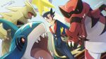  1boy bangs black_hair black_jacket black_pants buttons commentary_request elite_four gen_2_pokemon gen_3_pokemon gen_5_pokemon grimsley_(pokemon) hair_between_eyes hand_on_hip highres jacket krookodile long_scarf long_sleeves looking_at_viewer male_focus momoji_(lobolobo2010) outdoors pants parted_lips pokemon pokemon_(creature) pokemon_(game) pokemon_bw pokemon_masters_ex scarf sharpedo smile spiked_hair standing translation_request tyranitar yellow_scarf 