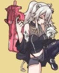  1girl :o animal_ears bangs black_footwear black_jacket black_legwear bullpup chained_tan ear_piercing grey_skirt gun half-closed_eyes holding holding_gun holding_weapon hololive jacket lion_ears lion_girl lion_tail looking_to_the_side navel open_mouth p-chan_(p-90) p90 piercing shishiro_botan single_legging skirt solo submachine_gun sword_art_online sword_art_online_alternative:_gun_gale_online tail thigh_strap torn_clothes torn_legwear twintails virtual_youtuber weapon 