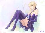  1girl artist_name artoria_pendragon_(all) bare_shoulders blonde_hair braid breasts cleavage collarbone dress elbow_gloves fate/grand_order fate_(series) french_braid frills from_side gloves hand_on_own_knee knees_up looking_at_viewer purple_dress purple_legwear purple_ribbon ribbon saber saber_alter short_hair small_breasts solo thighhighs thighs wkna_(670139982) yellow_eyes 