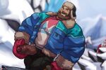  1boy bara beard belt blue_jacket brown_hair erection facial_hair foreskin gloves hat jacket jimsdaydreams league_of_legends looking_at_viewer malcolm_graves male_focus mature_male muscular muscular_male mustache open_clothes open_jacket open_pants pants penis red_gloves short_hair snow solo uncensored veins veiny_penis winter_clothes 