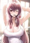  1girl armpits arms_behind_head arms_up backlighting bangs blush breasts camisole cigarette cleavage collarbone eyebrows_visible_through_hair fate/grand_order fate_(series) highres indoors large_breasts long_hair looking_at_viewer mouth_hold one_eye_closed open_mouth purple_eyes purple_hair scathach_(fate) scathach_(fate)_(all) smoke smoking solo straight_hair suou-sensei upper_body very_long_hair window 