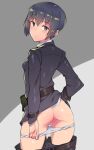  1girl ass belt black_eyes black_hair blush clothes_pull em_(totsuzen_no_hakike) from_behind grey_background hair_between_eyes kino_(kino_no_tabi) kino_no_tabi looking_at_viewer panties pants pants_pull panty_pull short_hair solo sweat sweatdrop thighs underwear white_panties 