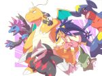  1girl :d axew bangs brown_eyes commentary_request dark_skin dark_skinned_female dragonite emolga excadrill flower garchomp gen_1_pokemon gen_4_pokemon gen_5_pokemon hair_flower hair_ornament hair_rings highres hungry_seishin hydreigon iris_(pokemon) long_hair open_mouth pink_footwear pokemon pokemon_(anime) pokemon_(creature) pokemon_bw_(anime) purple_hair shoes smile teeth tongue 