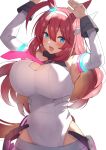  1girl ahoge animal_ears b-ginga bangs blue_eyes blush breasts brown_hair grey_hairband hairband hands_up highleg highleg_leotard highres horse_ears horse_girl horse_tail large_breasts leotard long_hair looking_at_viewer mihono_bourbon_(umamusume) open_mouth smile tail umamusume white_leotard 