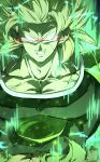  1boy aura blank_eyes broly_(dragon_ball_super) clenched_teeth colored_skin dragon_ball dragon_ball_super dragon_ball_super_broly furrowed_eyebrows glowing glowing_eyes green_hair green_skin green_theme highres light_particles male_focus mirukutei00 muscular muscular_male saiyan_armor scar scar_on_cheek scar_on_face solo spiked_hair super_saiyan super_saiyan_full_power teeth upper_body veins 