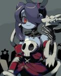  1girl 770mk blue_hair blue_skin closed_eyes colored_skin corset graveyard grey_background hair_over_one_eye leviathan_(skullgirls) long_hair neckwear one-eyed red_eyes skeletal_hand skullgirls smile squigly_(skullgirls) stitched_mouth stitches striped striped_sleeves zombie 