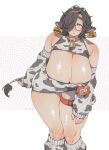  1girl :&lt; abstract_background ahoge animal_ears animal_print areola_slip areolae barcode bare_shoulders bell black_hair blue_eyes blush breasts cleavage cleavage_cutout closed_mouth clothing_cutout collar cow_ears cow_print cow_tail dated detached_sleeves ear_tag feet_out_of_frame furrowed_eyebrows glasses hair_over_one_eye hand_on_own_thigh heart highres holding_tail horns kneehighs large_breasts leaning_forward long_sleeves looking_at_viewer muroku_(aimichiyo0526) name_tag neck_bell no_nose safety_pin semi-rimless_eyewear shadow shiny shiny_skin signature skindentation solo standing tail tareme thick_eyebrows thick_thighs thigh_strap thighs under-rim_eyewear underbust white_background 