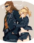  1boy 1girl artist_name bangs belt black_belt black_gloves black_jacket black_shorts blonde_hair braid breasts brown_hair cigarette commentary_request crop_top cropped_legs facial_hair fate/apocrypha fate_(series) glasses gloves goatee green_eyes grin hair_ornament hair_scrunchie jacket leather leather_jacket long_hair meiji_ken midriff mordred_(fate) mordred_(fate)_(all) navel open_clothes ponytail red-framed_eyewear red_scrunchie scrunchie shirt shishigou_kairi shorts small_breasts smile smoking stomach sunglasses 