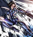  1girl alita arm_blade battle_angel_alita black_hair breasts brown_eyes cyborg debris facial_mark fighting_stance high_heels highres liang_xing lips mechanical_arms medium_breasts metal_skin motion_blur parted_lips science_fiction short_hair solo weapon 
