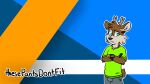  anthro antlers artist_name blue_background bottomwear brown_body brown_fur cervid clock clothing crossed_arms darwin_(tinydeerguy) detailed_background fur green_clothing green_eyes green_shirt green_topwear grey_bottomwear grey_clothing grey_pants hi_res horn male mammal neon_green orange_background pants shirt simple_background solo tan_body tan_fur text tinydeerguy topwear watch 