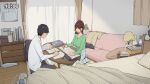  1boy 1girl bed book brown_hair couch curtains green_shirt indoors long_sleeves original pillow plan shirt short_hair sitting studying stuffed_animal stuffed_toy table wakamatsu372 wariza white_shirt window 